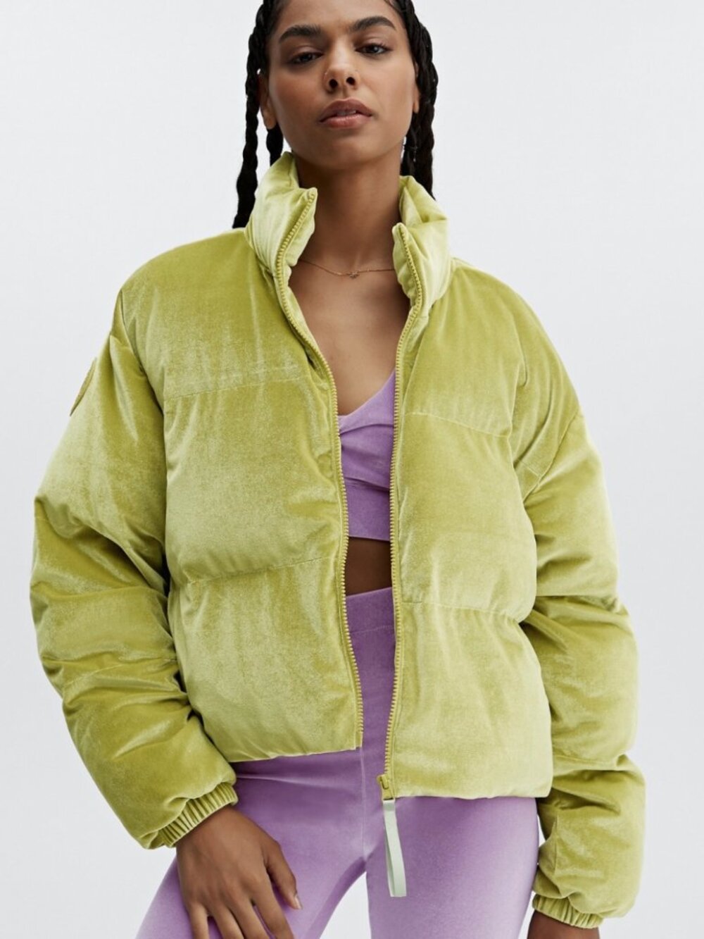 Fabletics Wander Velour Cropped Puffer Jacket Lime Green L XL